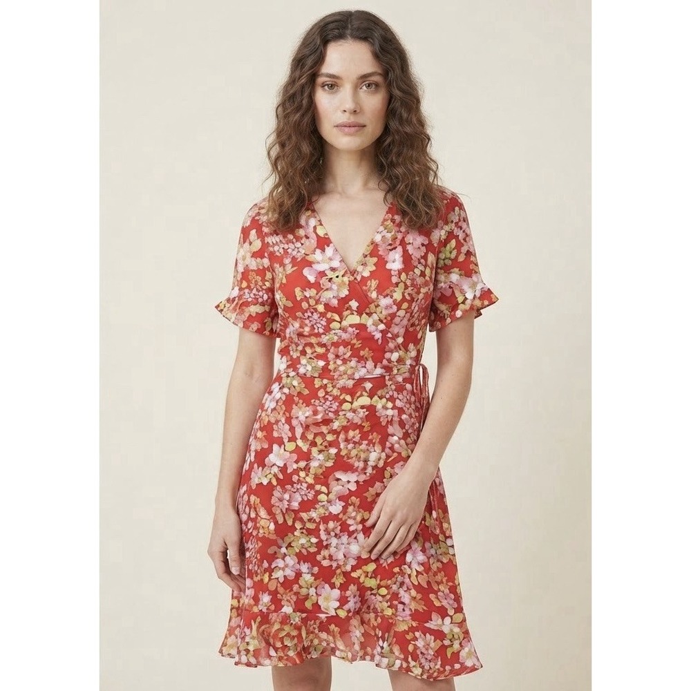 J jill Size-1X Women Midi Dress Wrap Floral Hot Red Frill Hem Lined Cottagecore